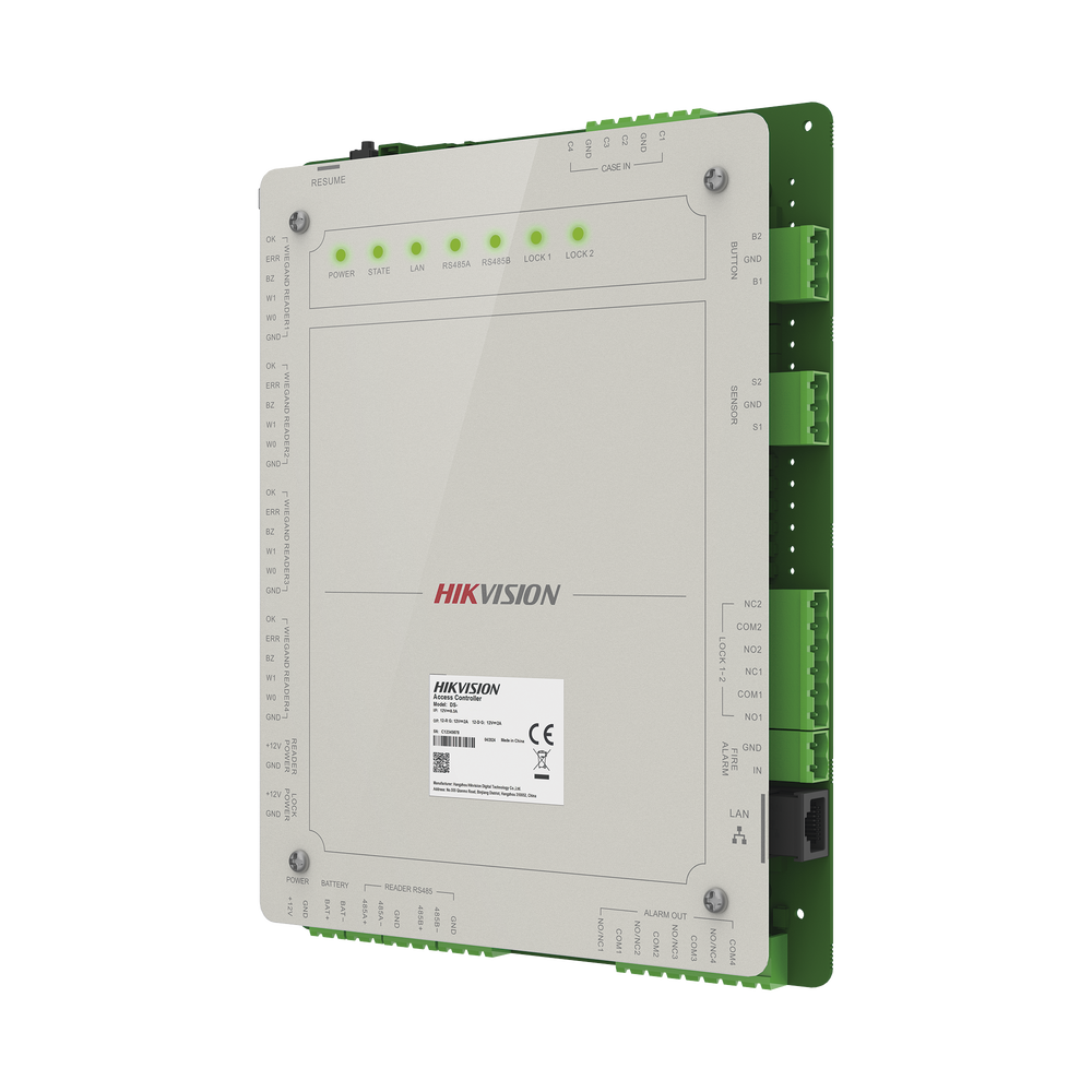 Controlador de Acceso 2 Puertas Administrable en la Nube con Hik-Connect Teams / Interfaz Web / 4 Lectores de Huella o Tarjeta / 100,000 Tarjetas / 10,000 Huellas / Incluye Gabinete y Fuente de Alimentación 12 Vcd 8 A / Soporta Batería de Re