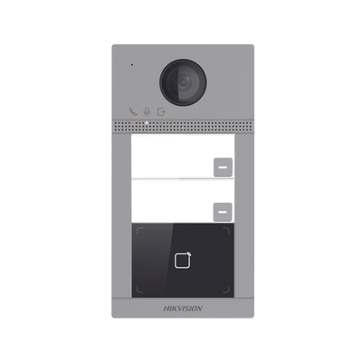 Videoportero IP 2 Megapixel / Llamada y Apertura Remota desde App Hik-Connect (requiere monitor) / PoE / Exterior IP65 + Antivandalico IK08 / 2 Departamentos / Apertura con Tarjeta / Soporta 2 Puertas y hasta 6 Monitores