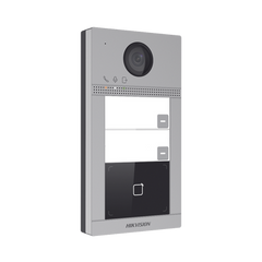 Videoportero IP 2 Megapixel / Llamada y Apertura Remota desde App Hik-Connect (requiere monitor) / PoE / Exterior IP65 + Antivandalico IK08 / 2 Departamentos / Apertura con Tarjeta / Soporta 2 Puertas y hasta 6 Monitores