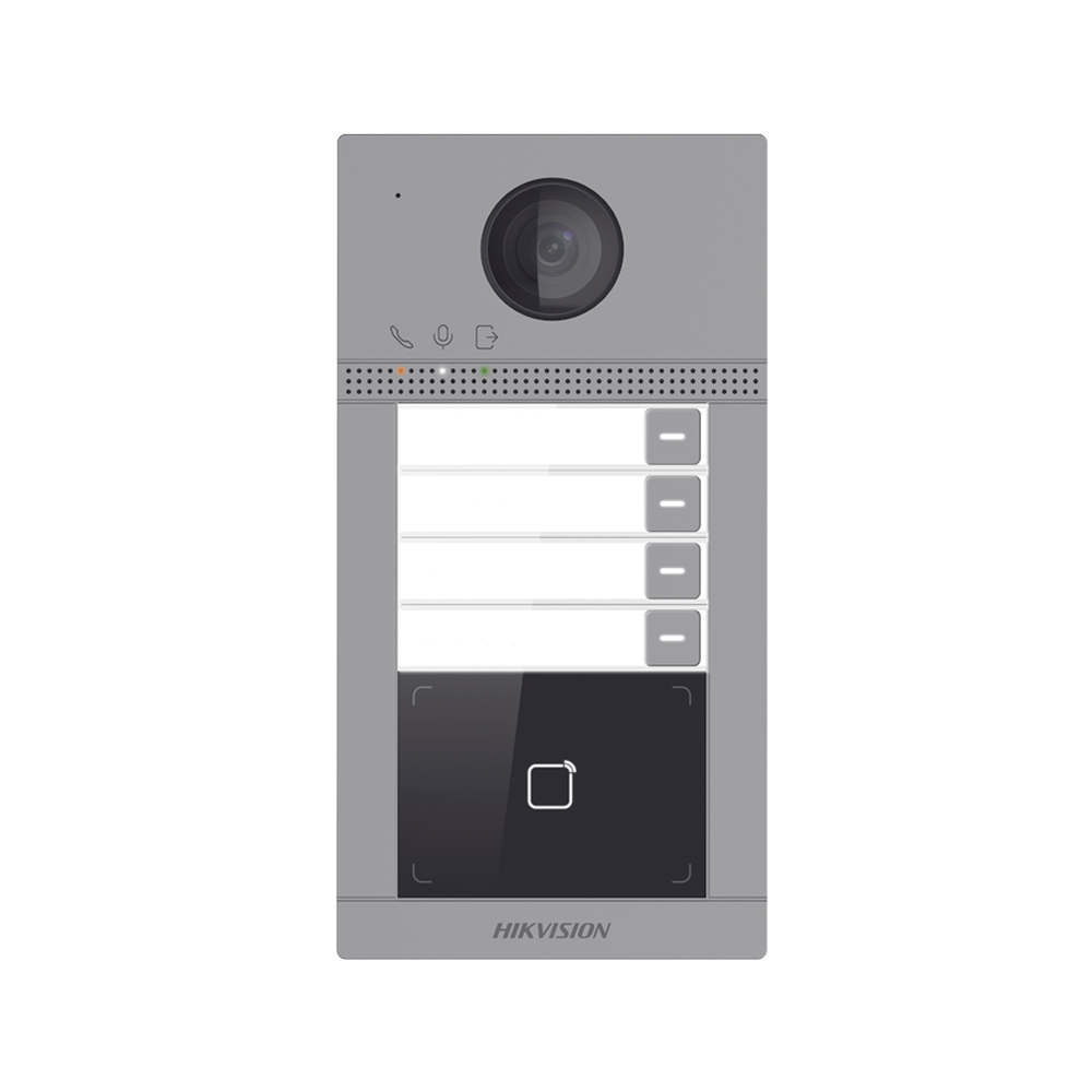 Videoportero IP 2 Megapixel / Llamada y Apertura Remota desde App Hik-Connect (Requiere monitor )/ PoE / Exterior IP65 + Antivandalico IK08 / 4 Departamento / Apertura con Tarjeta / Soporta 2 Puertas y hasta 6 Monitores