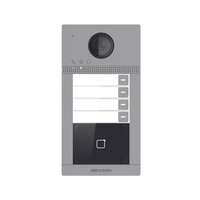 Videoportero IP 2 Megapixel / Llamada y Apertura Remota desde App Hik-Connect (Requiere monitor )/ PoE / Exterior IP65 + Antivandalico IK08 / 4 Departamento / Apertura con Tarjeta / Soporta 2 Puertas y hasta 6 Monitores