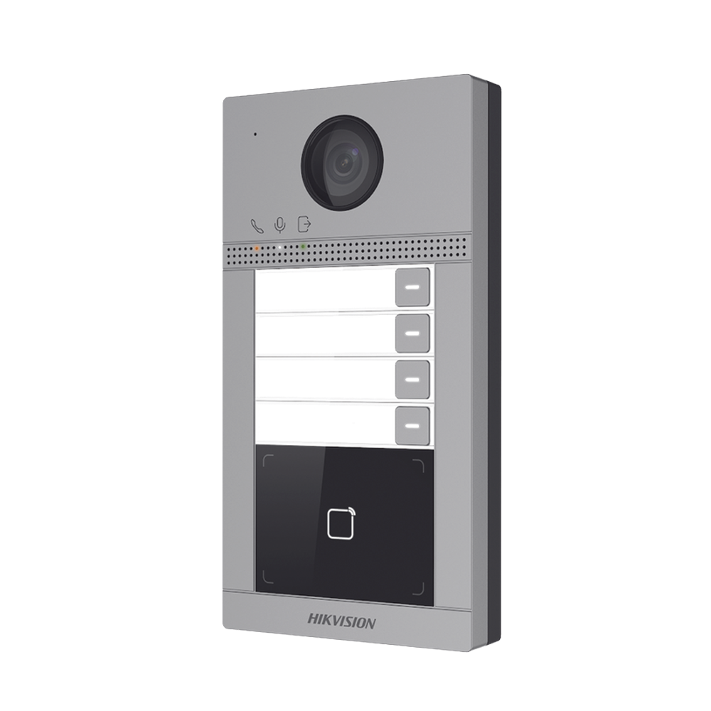 Videoportero IP 2 Megapixel / Llamada y Apertura Remota desde App Hik-Connect (Requiere monitor )/ PoE / Exterior IP65 + Antivandalico IK08 / 4 Departamento / Apertura con Tarjeta / Soporta 2 Puertas y hasta 6 Monitores