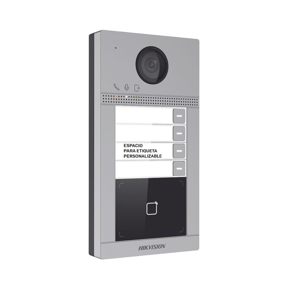 Videoportero IP 2 Megapixel / Llamada y Apertura Remota desde App Hik-Connect (Requiere monitor )/ PoE / Exterior IP65 + Antivandalico IK08 / 4 Departamento / Apertura con Tarjeta / Soporta 2 Puertas y hasta 6 Monitores
