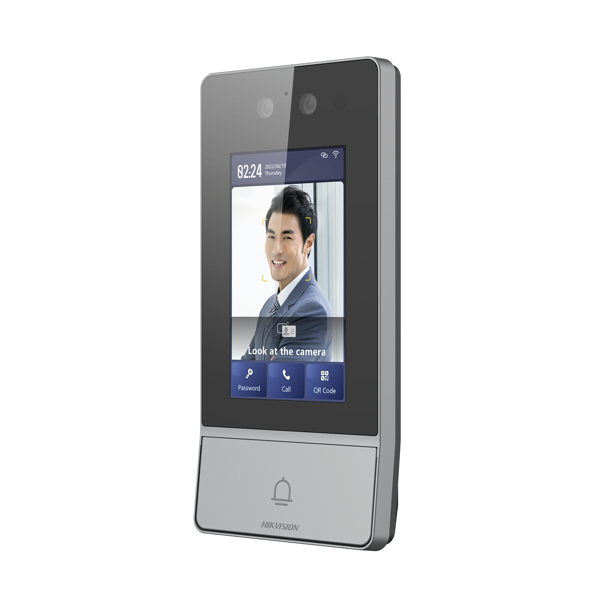 Videoportero IP 2 Megapixel / Llamada y Apertura Remota desde App Hik-Connect / Reconocimiento Facial / Panel touch 4.3"/ Exterior IP65 + Antivandalico IK08 / Botón mecanico de llamada / PoE / 1 Departamento / Apertura con Tarjeta, Codigo PIN