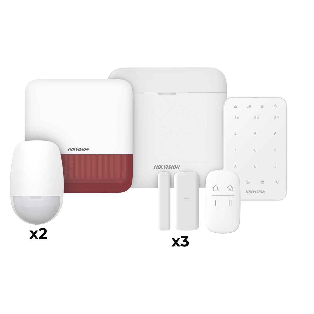 (AX PRO) KIT de Alarma AX PRO / Incluye: 1 Hub / 2 Sensores PIR / 3 Contactos Magnéticos mini / 1 Control Remoto / 1 Sirena Estrobo en color Rojo Inalámbrica Exterior /1 Teclado Inalámbrico / Wi-Fi / Compatible con Hik-Connect P2P