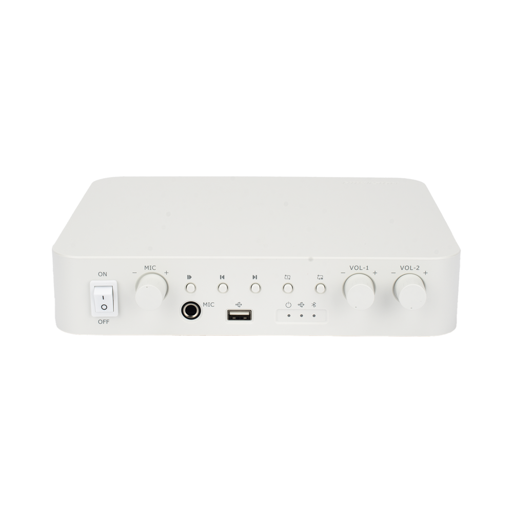 Amplificador | Bluetooth | 2 Canales con Control de volumen Independiente | 30 W por Canal | Salida 4-8 &Omega; x 2 | 100V COM x 2 | Una Zona | Música Ambiental