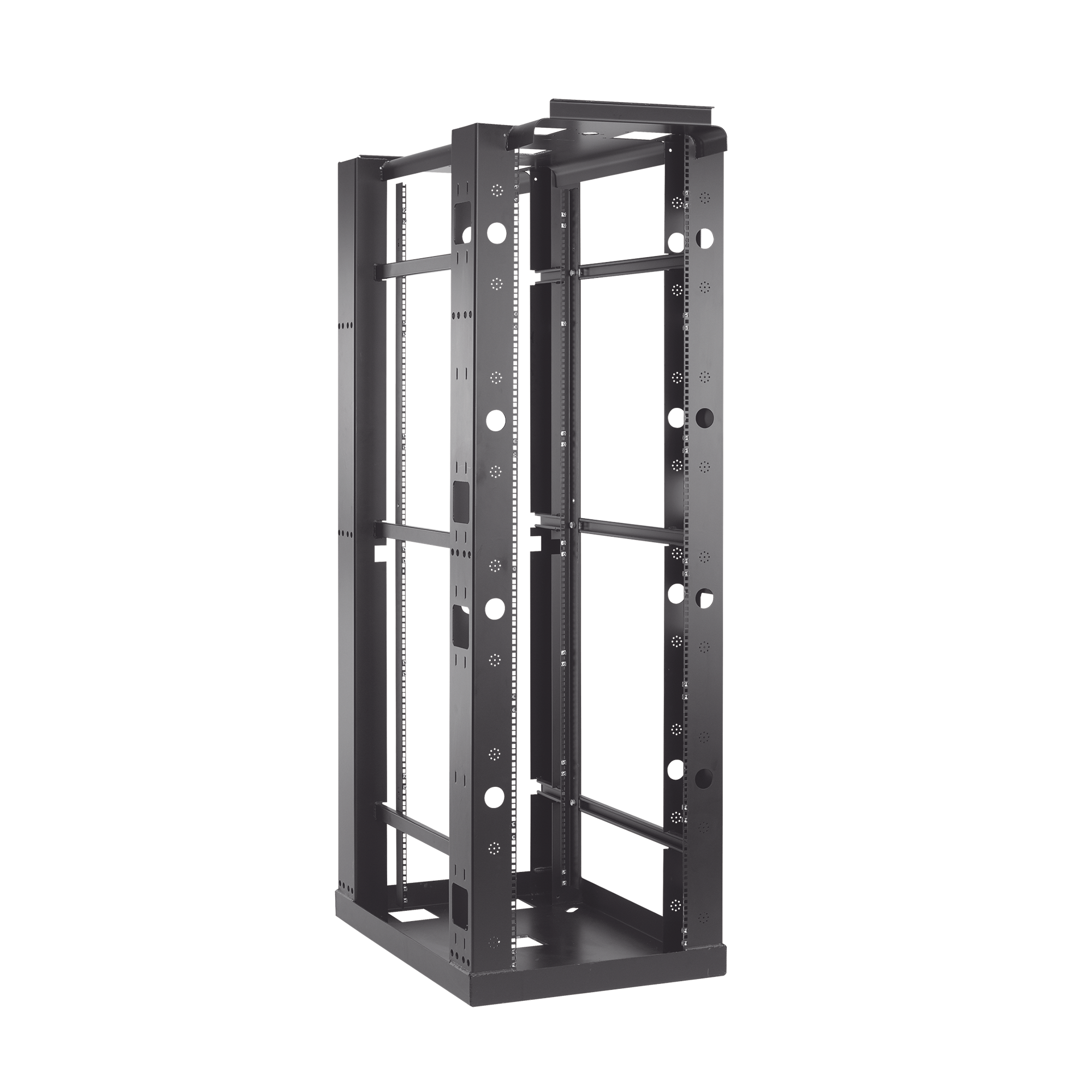 Rack Abierto Sísmico de 4 Postes Estándar de 19 in / 45U / 2.19 m (7.2 ft) de Altura / Capacidad 2,500 lb (1,134 kg) / Acero 3.4 mm / Certificación NEBS Zona 4 y OSHPD / Negro RAL 9005