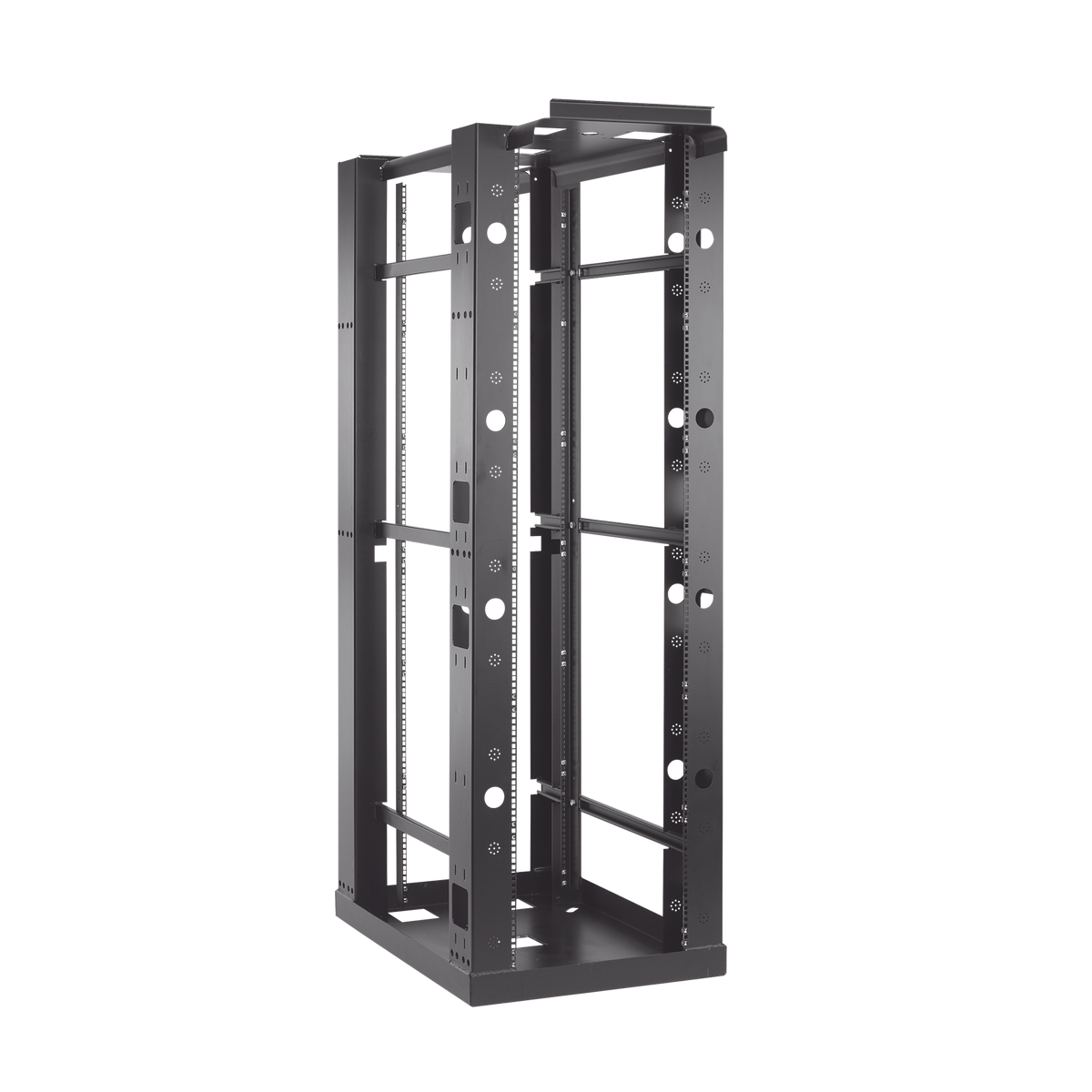 Rack Abierto Sísmico de 4 Postes Estándar de 19 in / 45U / 2.19 m (7.2 ft) de Altura / Capacidad 2,500 lb (1,134 kg) / Acero 3.4 mm / Certificación NEBS Zona 4 y OSHPD / Negro RAL 9005