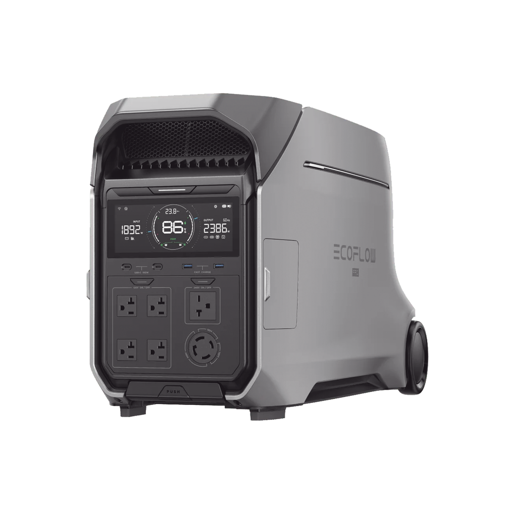 Estación de Energía Portátil DELTA PRO3 / 4096Wh Litio LFP / 5 AC 4000W (8000W Pico) / 2 USB-C 100W / Capacidad para Aumentar Respaldo / Cargador de Coche 10A a 12.6V / Conectividad WiFi y Bluetooth (App) / Carga Solar 2600W Max. (2 P
