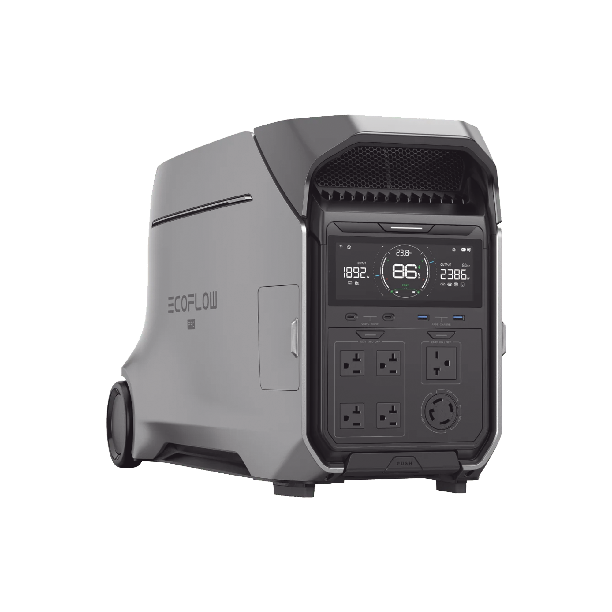 Estación de Energía Portátil DELTA PRO3 / 4096Wh Litio LFP / 5 AC 4000W (8000W Pico) / 2 USB-C 100W / Capacidad para Aumentar Respaldo / Cargador de Coche 10A a 12.6V / Conectividad WiFi y Bluetooth (App) / Carga Solar 2600W Max. (2 P