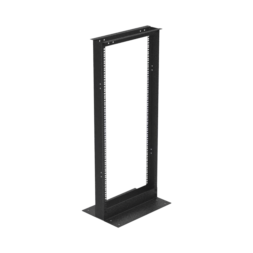 Rack de 2 Postes (Doble Perforación), Estándar 19", 24 Unidades, Fabricado en Acero, Base "L" para Anclar a Piso.