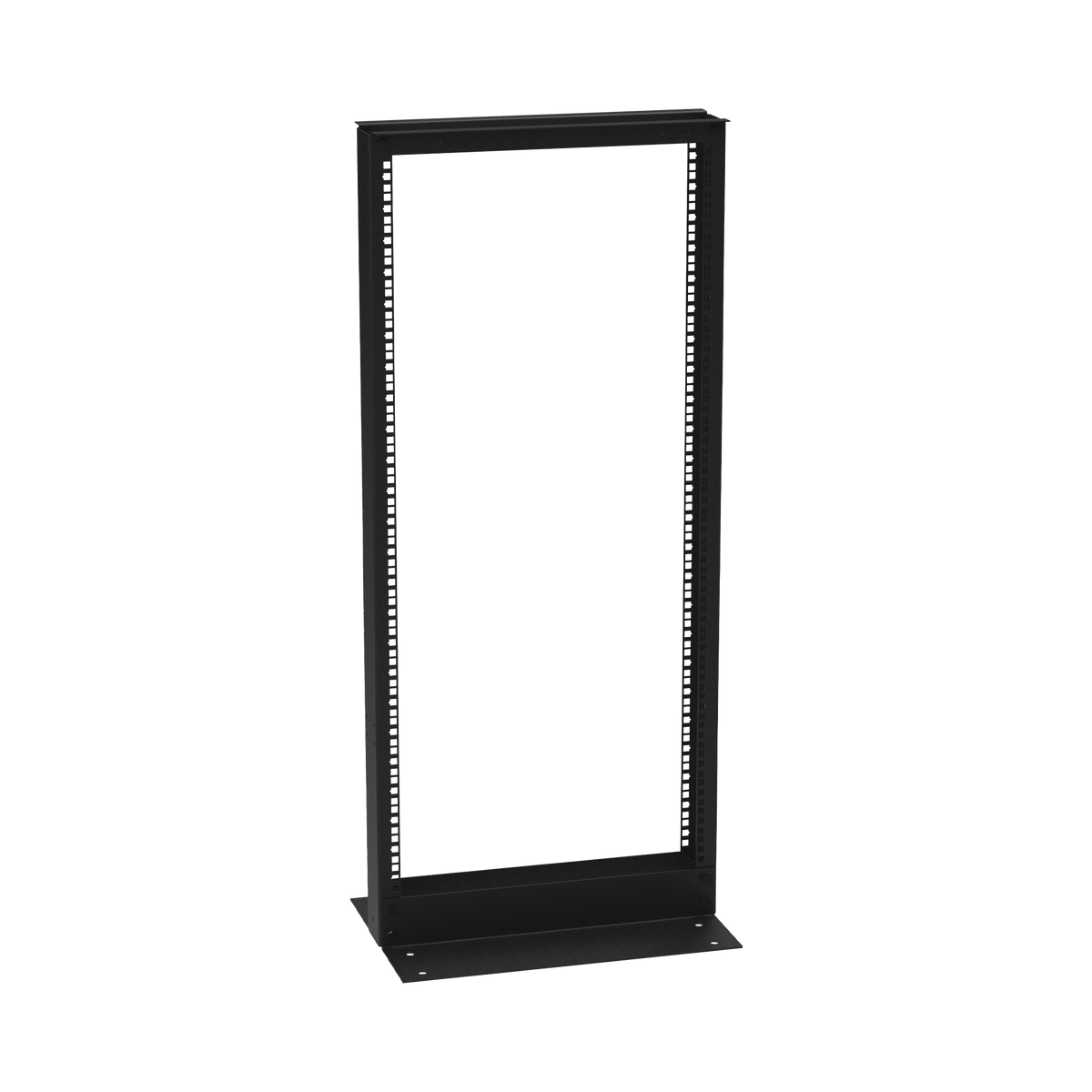 Rack de 2 Postes (Doble Perforación), Estándar 19", 24 Unidades, Fabricado en Acero, Base "L" para Anclar a Piso.