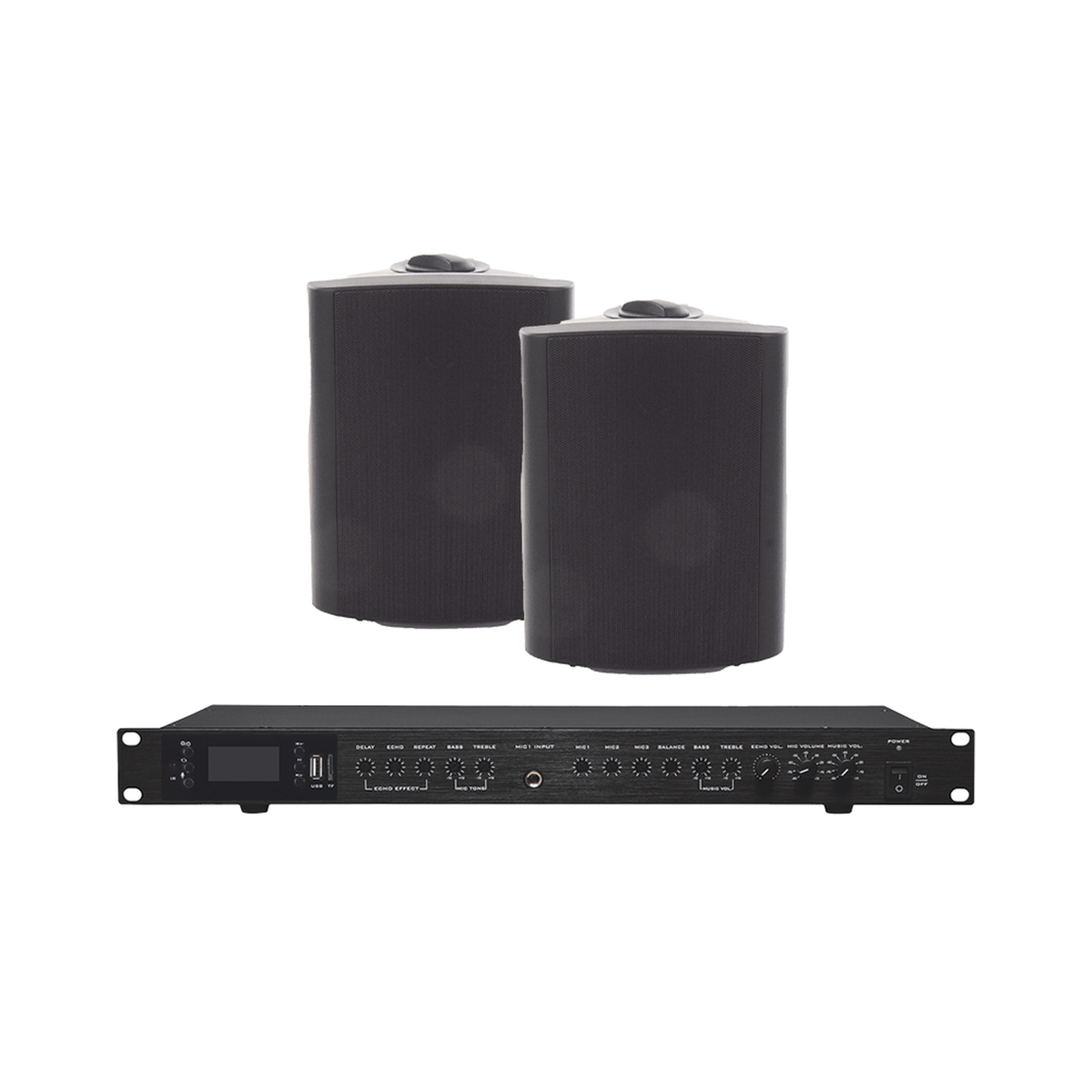 Amplificador de Audio con 2 Bocinas OL-5BK | 2 x 60W | Baja Impedancia 4 - 8&Omega; | Reproductor Bluetooth, USB, SD | Efectos Integrados Delay, Echo, Repeat