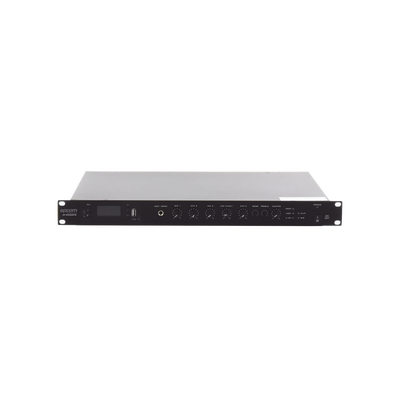 Amplificador de Audio | 1 canal | 350 W | Sistema 100V y Baja Impedancia | 4 Entradas de Micrófono Balanceadas | Bluetooth | USB | SD | FM | Montaje en Rack