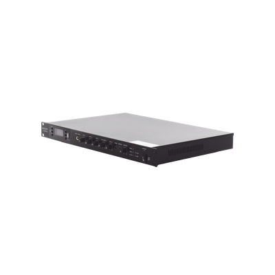 Amplificador de Audio | 1 canal | 350 W | Sistema 100V y Baja Impedancia | 4 Entradas de Micrófono Balanceadas | Bluetooth | USB | SD | FM | Montaje en Rack