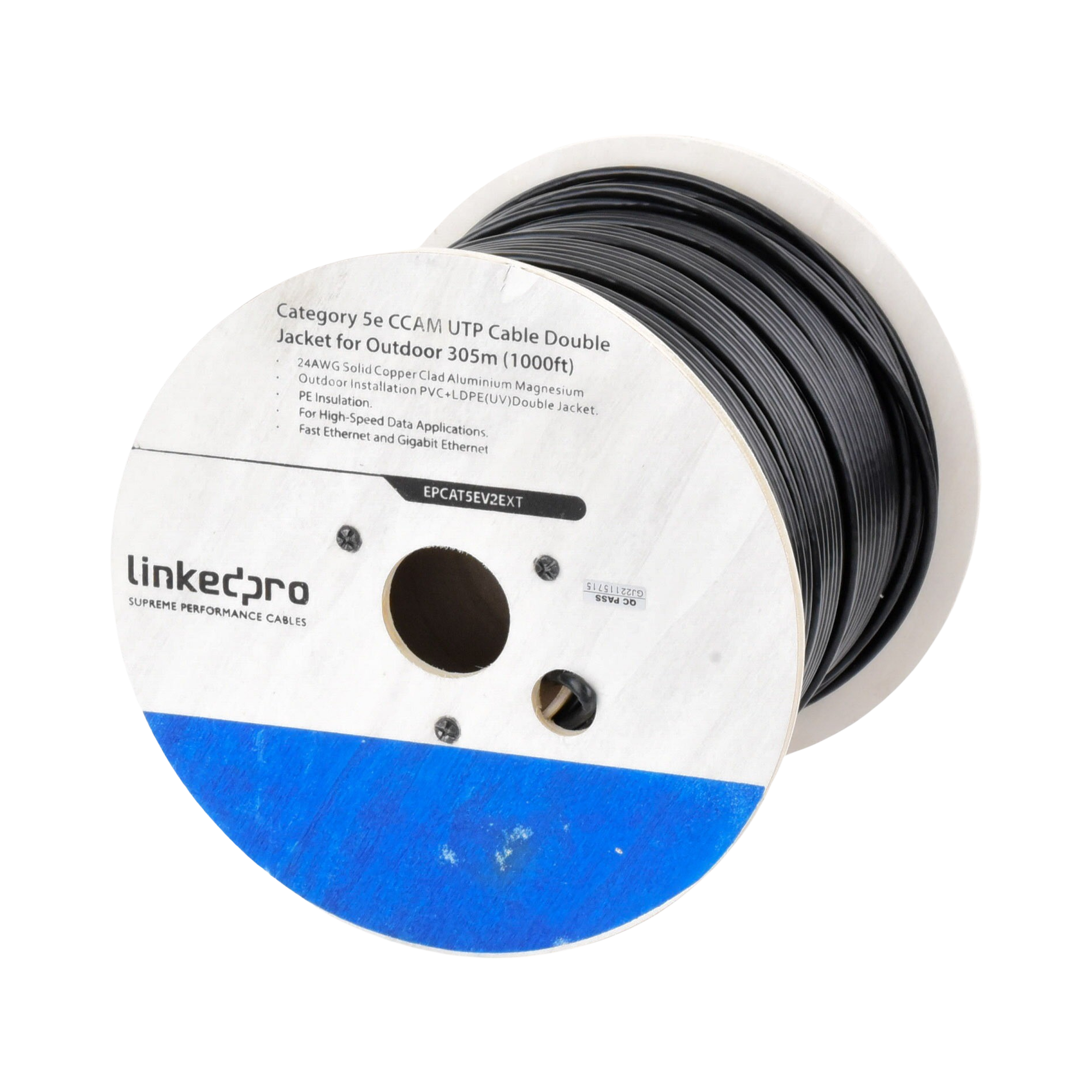Bobina de Cable de 305 Metros (1000 Pies) Cat5e, Aleación de Cobre y Aluminio (CCA), Color Negro, Uso Intemperie, Doble Forro