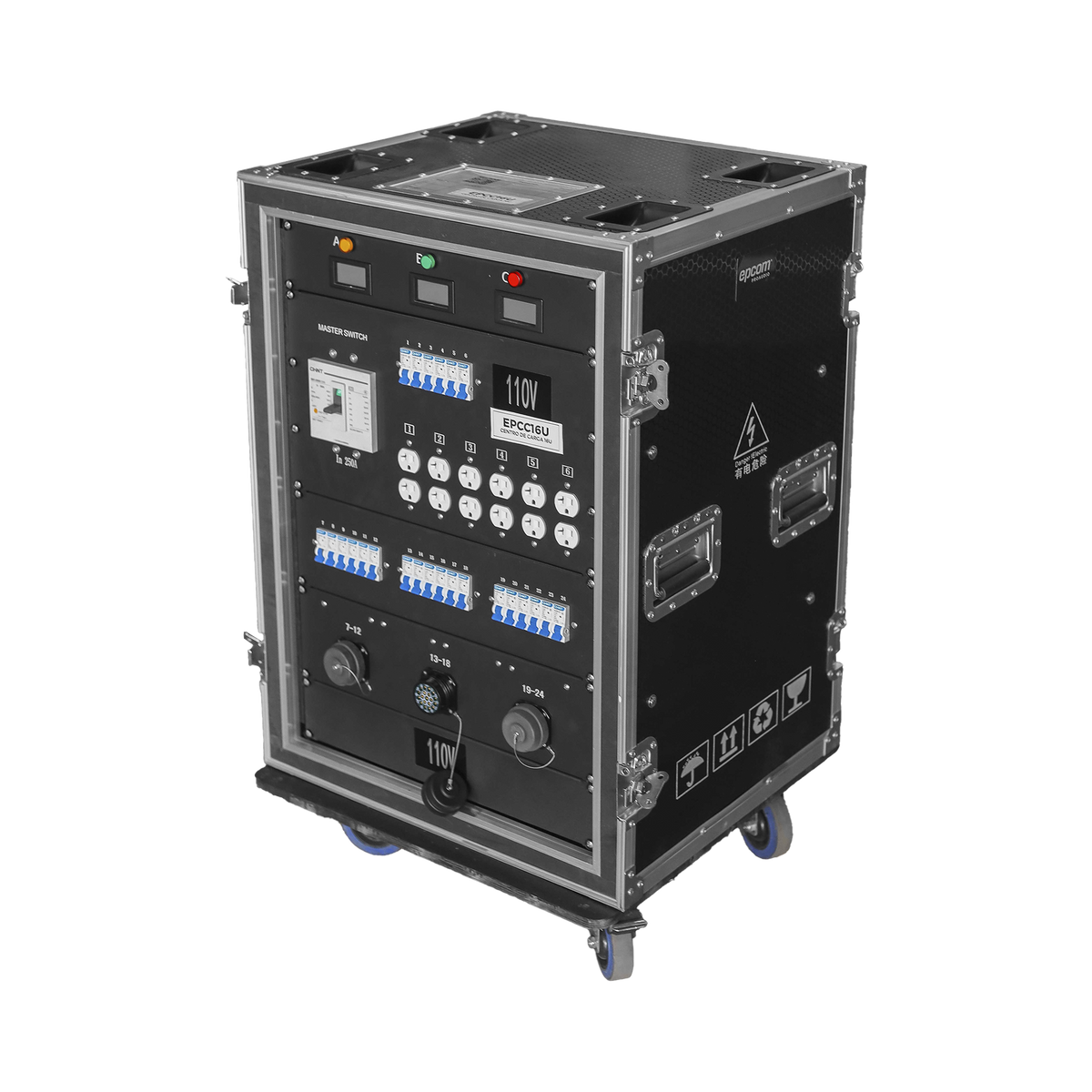 Centro de carga movil para instalaciones temporales con conexión TIPO socapex a 110v Y 220V | RACK 16U