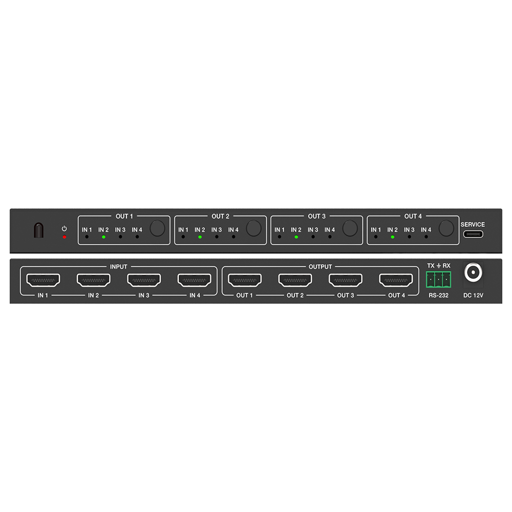 Matriz de Video HDMI 4x4 | Ancho de Banda 10.2 Gbps | Resolución 4K@30Hz | Escalado a 1080P, 720P, 1920x1200, 4K30 | Modos Matriz y Video Wall | Control RS-232 y Remoto Infrared