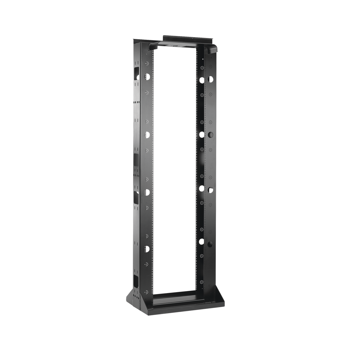 Rack Abierto Sísmico de 2 Postes Estándar de 19 in / 45U / 2.19 m (7.2 ft) de Altura / Capacidad 2,500 lb (1,134 kg) / Acero Calibre 10 (3.4 mm) / Certificación NEBS Zona 4 y OSHPD / Negro RAL 9005