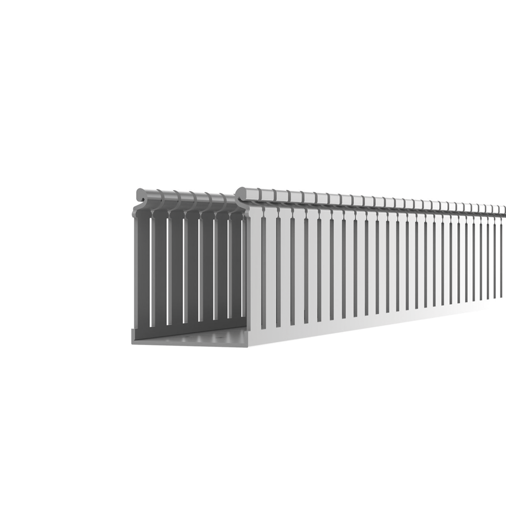 Canaleta Ranurada de PVC con Tapa, Tipo F, 108 mm de Ancho, 79.2 mm de Alto y 2 m de Largo, Color Gris