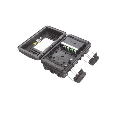 Caja de Distribución de Fibra Óptica para 24 Empalmes, con 8 acopladores SC/APC simplex, Exterior IP65, Color Negro