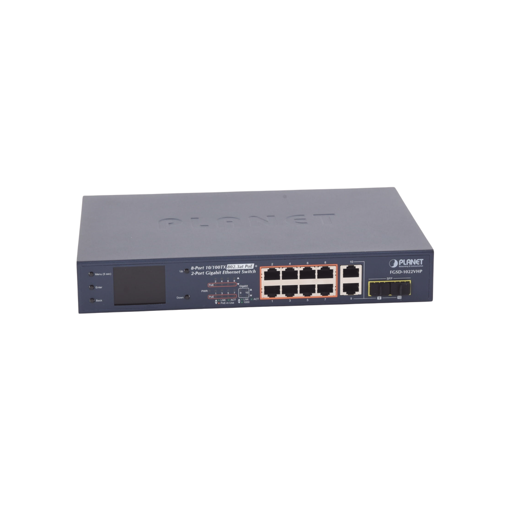 Switch PoE+ / Distancia 250 Metros / 8 Puertos + 2 Combo TP/SFP Gigabit y Pantalla LCD Para Monitoreo