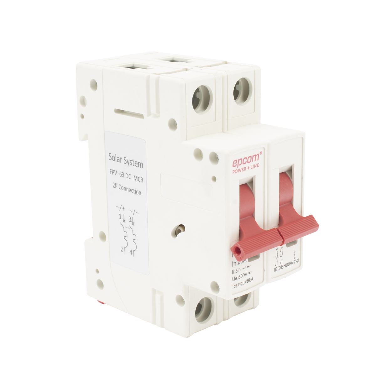 Protección Térmica/ Interruptor 2P, 20 A,  Corriente Directa  800 Vcc para Aplicación Fotovoltaica Montaje Riel DIN