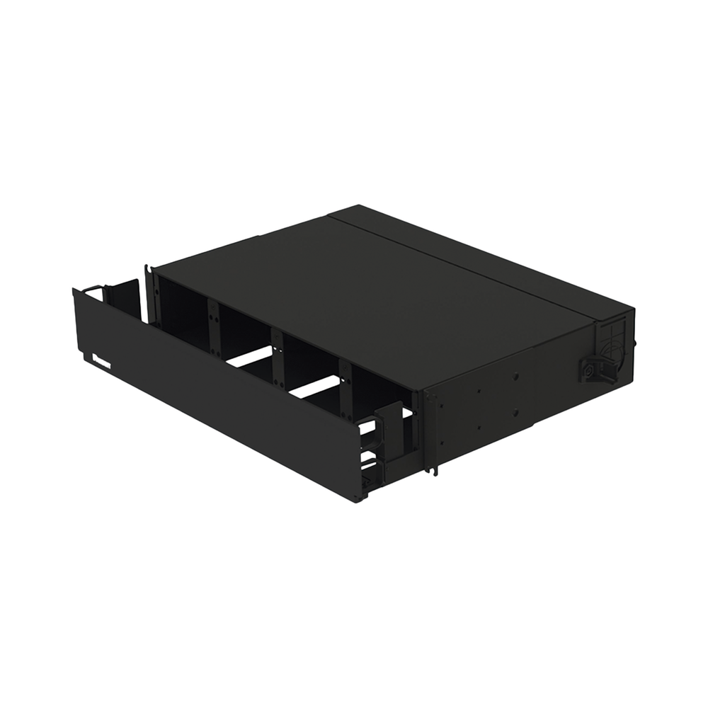 Panel de Distribución de Fibra Óptica, Acepta 8 Placas FAP o FMP, Bandeja Deslizable, Hasta 192 Fibras, Color Negro, 2 UR