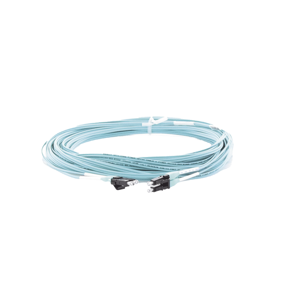 Jumper de Fibra Optica Multimodo 50/125 OM3, LC-LC Duplex, OFNR (Riser), Color Aqua, 15 Metros (49.21 Pies)