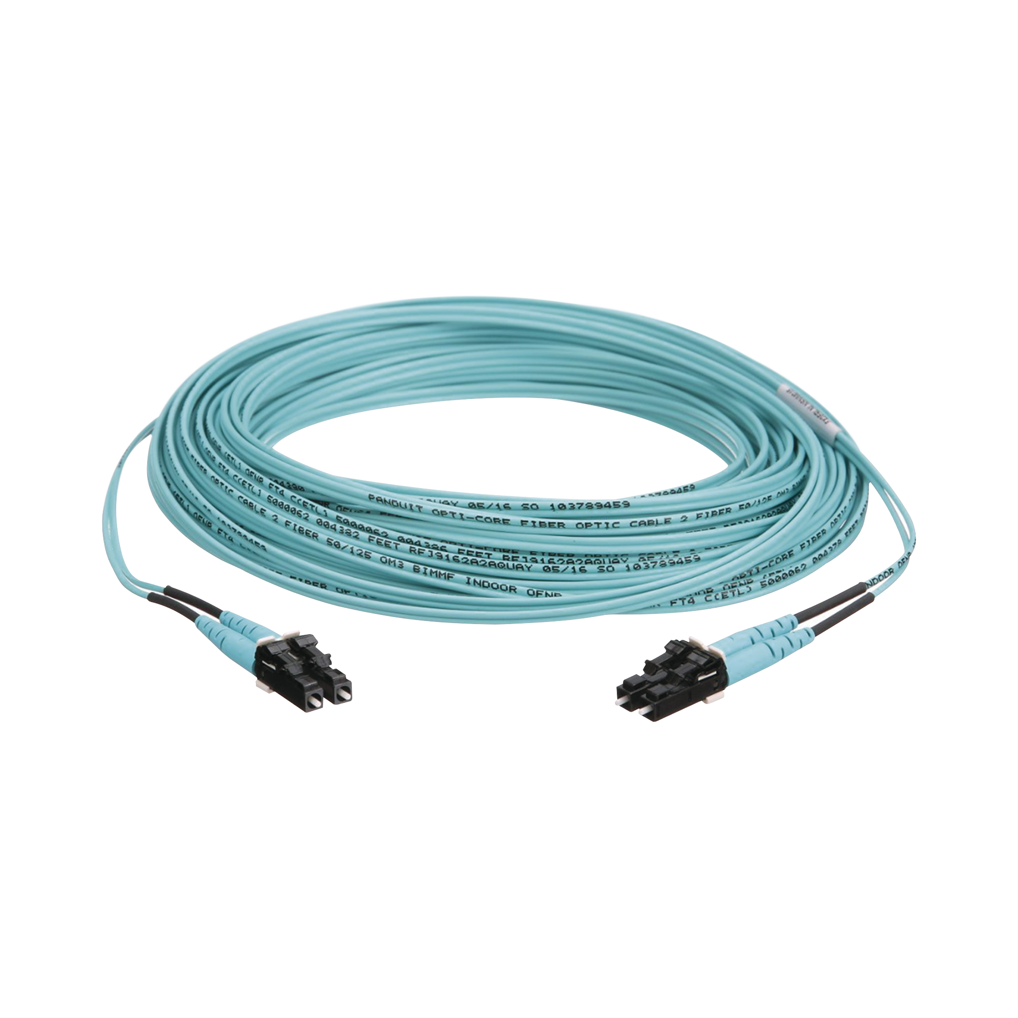 Jumper de Fibra Optica Multimodo 50/125 OM3, LC-LC Duplex, OFNR (Riser), Color Aqua, 20 Metros (65.62 Pies)