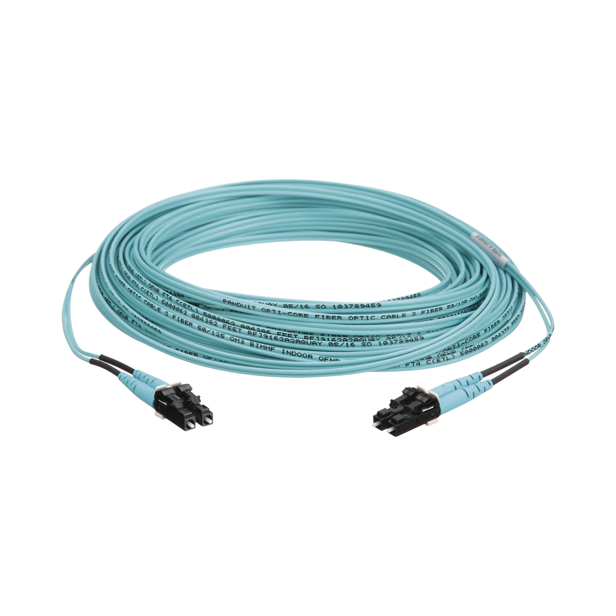 Jumper de Fibra Optica Multimodo 50/125 OM3, LC-LC Duplex, OFNR (Riser), Color Aqua, 30 Metros (98.43 Pies)