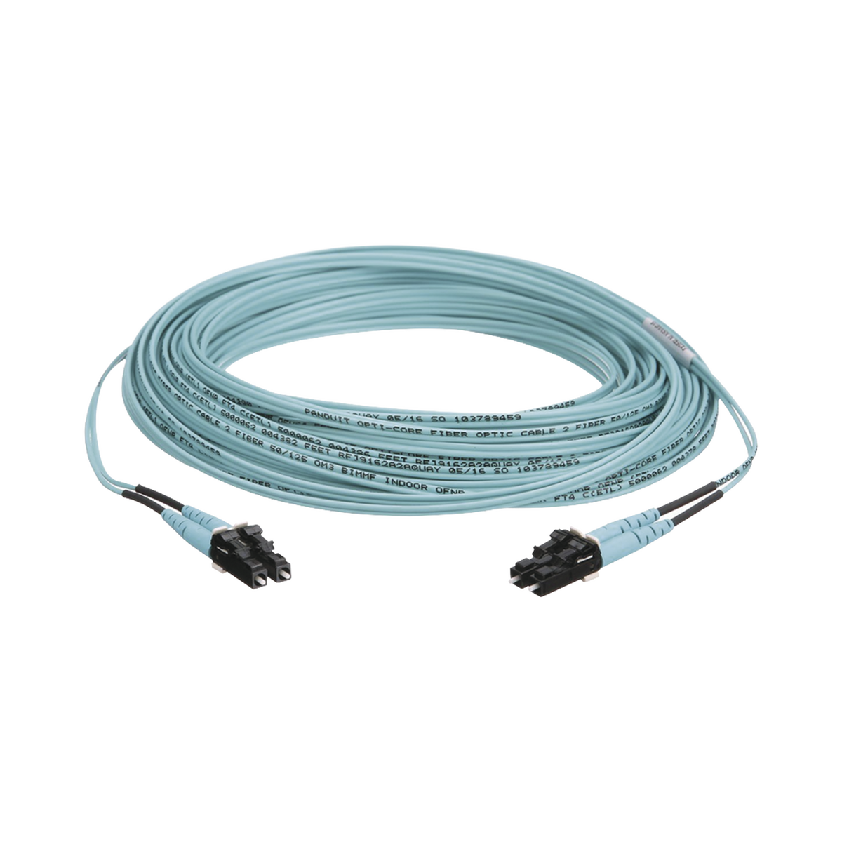 Jumper de Fibra Optica Multimodo 50/125 OM3, LC-LC Duplex, OFNR (Riser), Color Aqua, 50 Metros (164.04 Pies)