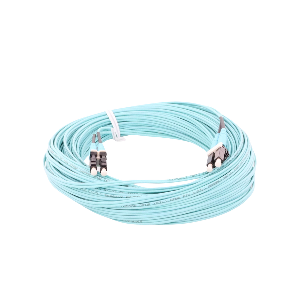 Jumper de Fibra Optica Multimodo 50/125 OM4, LC-LC Duplex, OFNR (Riser), Color Aqua, 20 Metros (65.62 Pies)