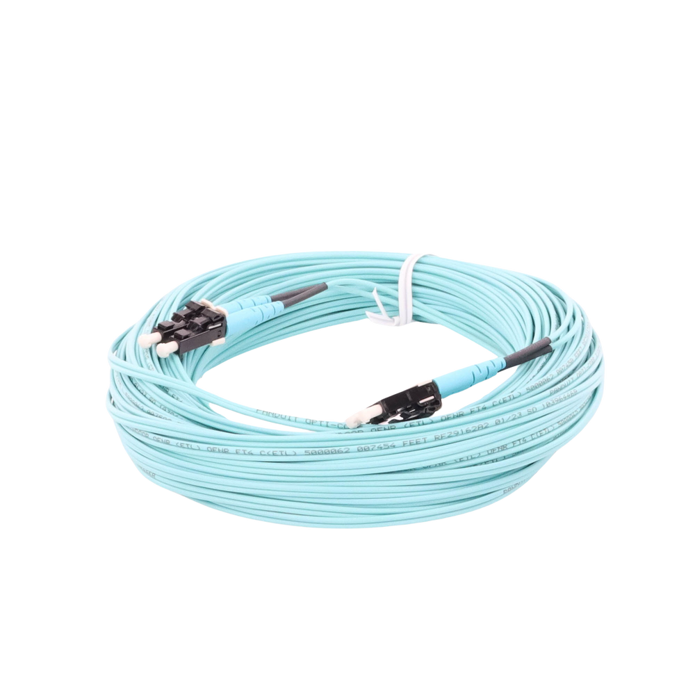 Jumper de Fibra Optica Multimodo 50/125 OM4, LC-LC Duplex, OFNR (Riser), Color Aqua, 20 Metros (65.62 Pies)