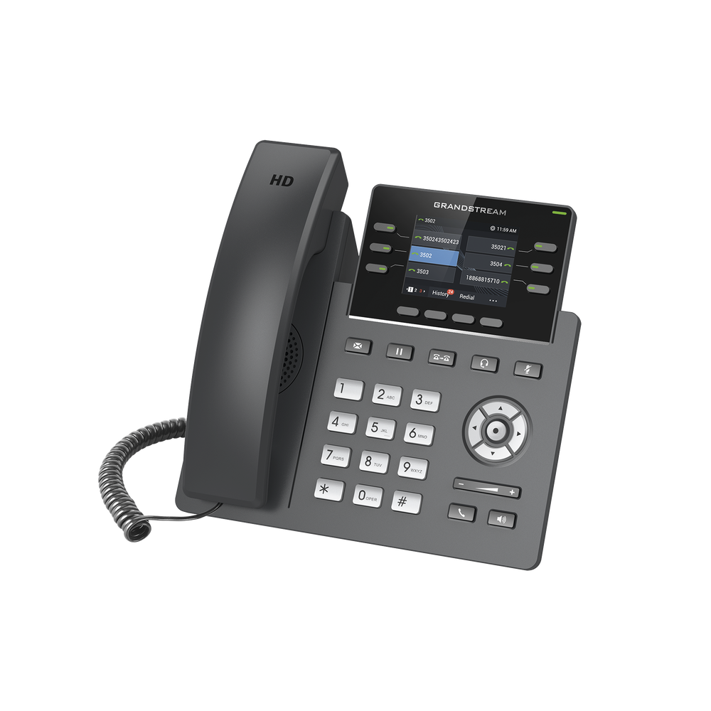Teléfono IP Grado Operador, 3 líneas SIP con 6 cuentas, puertos Gigabit,PoE,  pantalla a color 2.4", codec Opus, IPV4/IPV6 con gestión en la nube GDMS
