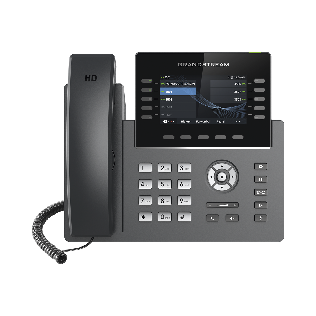Teléfono IP Wi-Fi, Grado Operador, 10 líneas SIP con 5 cuentas, pantalla a color 4.3", puertos Gigabit, Bluetooth, PoE, codec Opus, IPV4/IPV6 con gestión en la nube GDMS