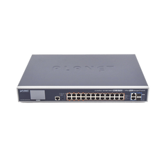 Switch Administrable L3, 24 puertos Gigabit PoE 802.3bt, 2 puertos 10G SFP+, Pantalla Tactil, Fuente Redundante, (600W)