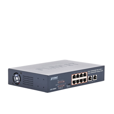 Switch de Escritorio No Administrable / 8 Puertos 10/100/1000T PoE+ 802.3at / 2 Puertos Uplink 10/100/1000T / Presupuesto PoE 120 Watts / Modos Estándar, VLAN y Extend / Distancia Extendida 250 mts / Rackeable