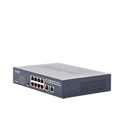 Switch de Escritorio No Administrable / 8 Puertos 10/100/1000T PoE+ 802.3at / 2 Puertos Uplink 10/100/1000T / Presupuesto PoE 120 Watts / Modos Estándar, VLAN y Extend / Distancia Extendida 250 mts / Rackeable
