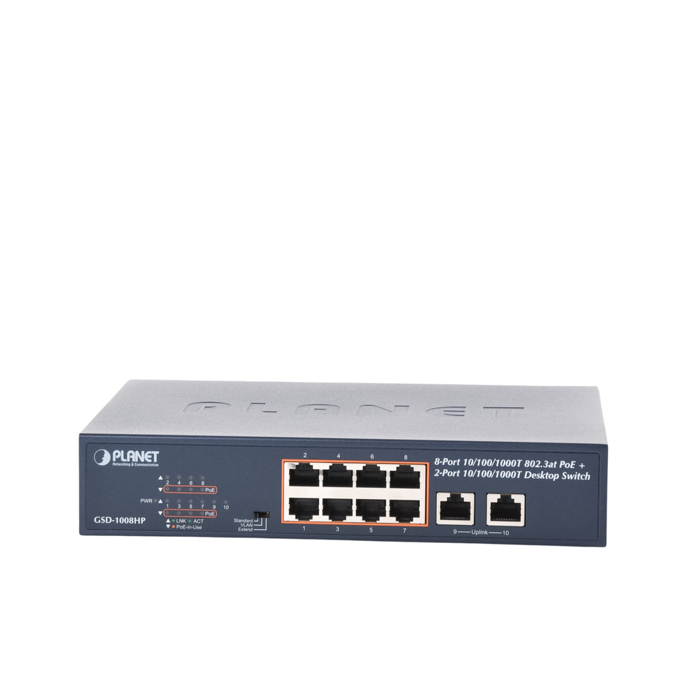 Switch de Escritorio No Administrable / 8 Puertos 10/100/1000T PoE+ 802.3at / 2 Puertos Uplink 10/100/1000T / Presupuesto PoE 120 Watts / Modos Estándar, VLAN y Extend / Distancia Extendida 250 mts / Rackeable