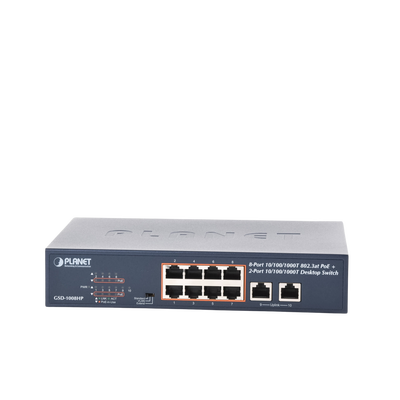 Switch de Escritorio No Administrable / 8 Puertos 10/100/1000T PoE+ 802.3at / 2 Puertos Uplink 10/100/1000T / Presupuesto PoE 120 Watts / Modos Estándar, VLAN y Extend / Distancia Extendida 250 mts / Rackeable