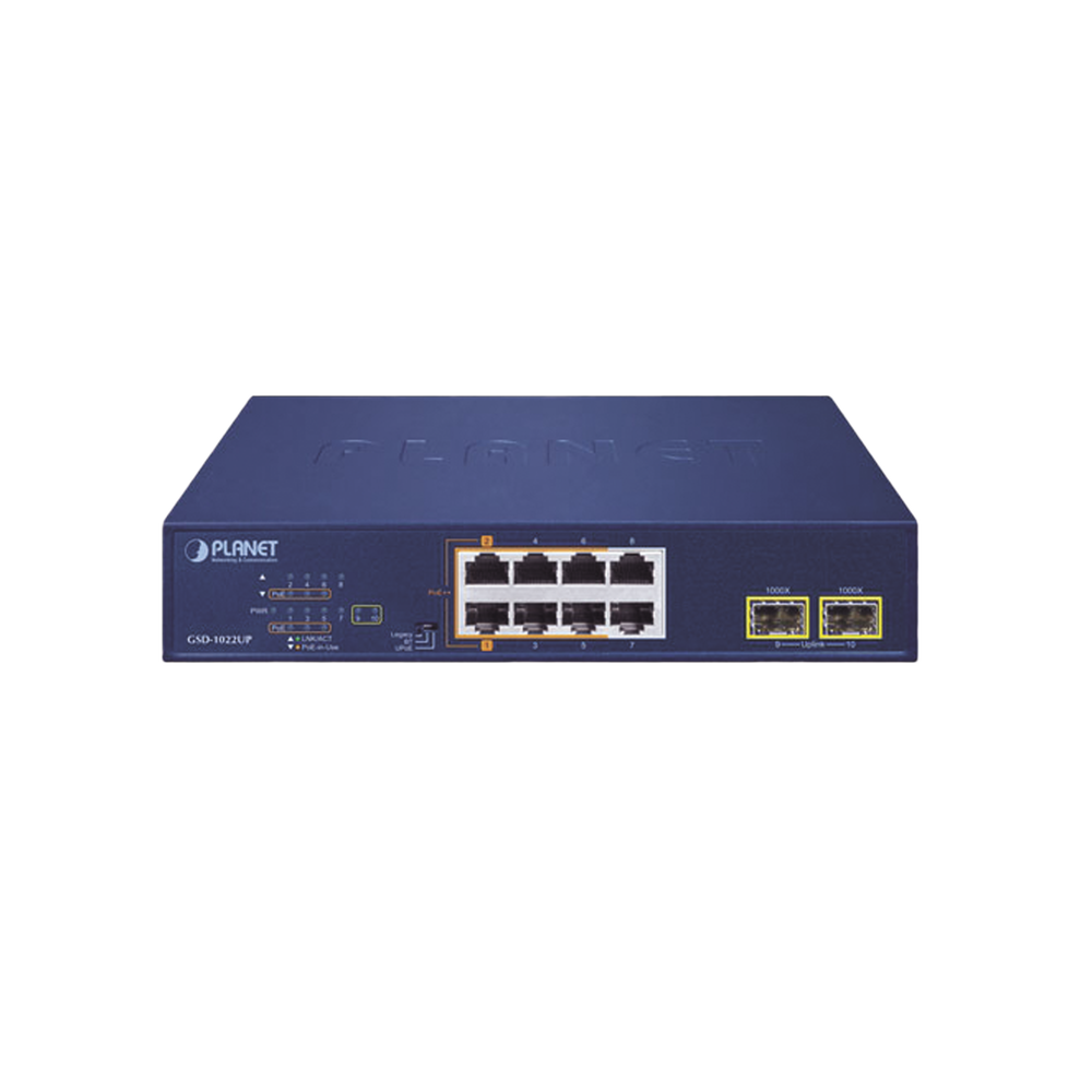 Switch PoE No Administrable de Escritorio, 2 Puertos Gigabit 802.3bt, 4 Puertos Gigabit 802.3at, 2 Puertos 10/100/1000, 2 Puertos SFP Gigabit.