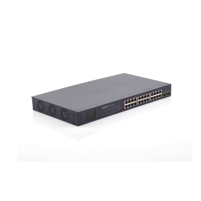 Switch PoE de 24 Puertos Gigabit 802.3af/at con Modo Extendido 250 m, 2 Puertos SFP 1000SX , Pantalla LCD para Configuración Básica, Hasta 300 W para PoE