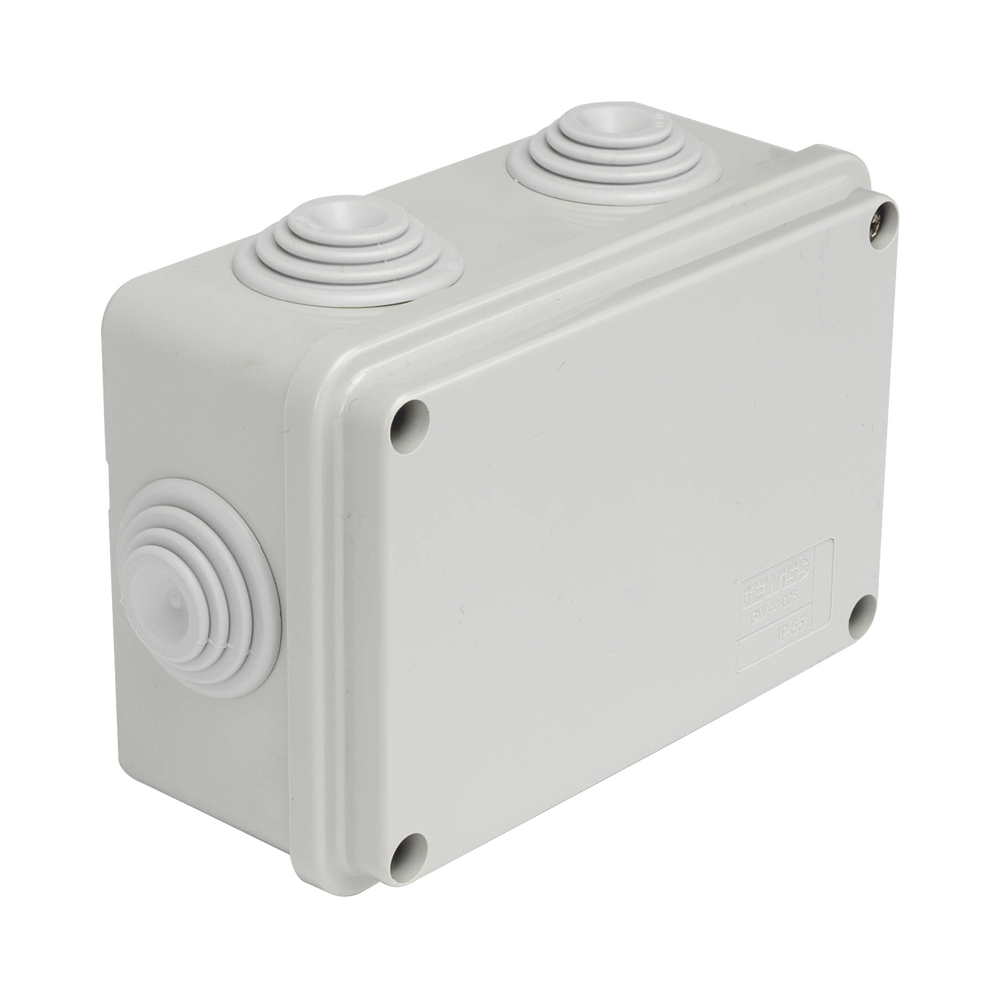 Caja Estanca de PVC Para Derivación y Conexión, 6 Entradas, Tapa Atornillada, 120x80x50 mm (Área interna), Uso Exterior IP55, Material que no Propaga el Fuego y Libre de Hálogenos