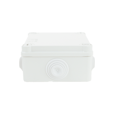 Caja de derivación de PVC Auto-extinguible con 6 entradas, tapa y tornillo de media vuelta de 1/4", 100x100x50 MM (Medidas internas, mayor área permisible para el cable, Para exterior (IP55)