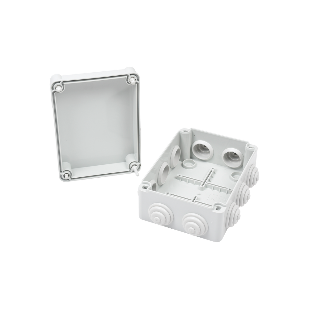 Caja Estanca de PVC Para Derivación y Conexión, 10 Entradas, Tapa con Tornillo de 1/4" de Vuelta, 150x110x70 mm (Área interna), Uso Exterior IP55, Material que no Propaga el Fuego y Libre de Hálogenos