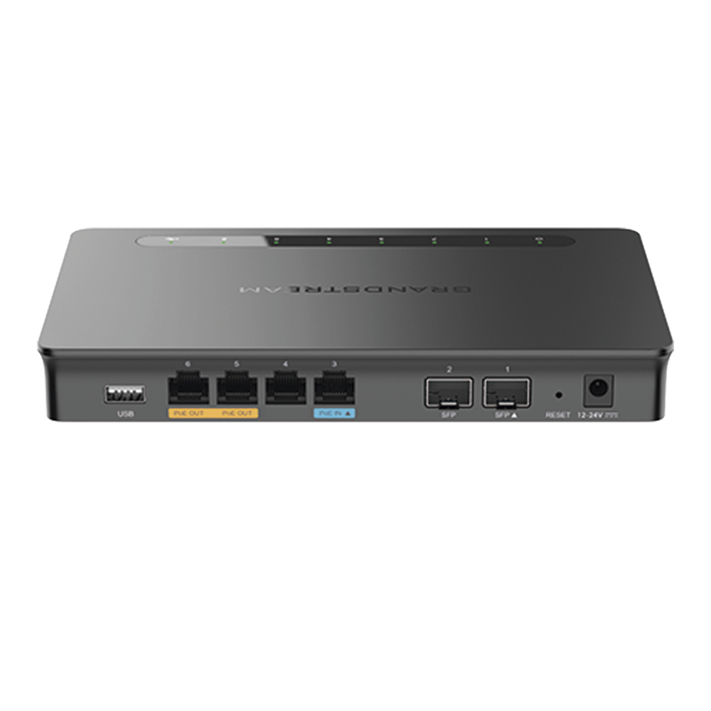 Router Gigabit VPN / Balanceador de cargas / 30,000 sesiones NAT /  4 puertos 10/100/1000 Mbps + 2 puertos SFP (WAN/LAN) / 1 puerto entrada PoE(af/at) / 2 puertos salida PoE (af/at) / Compatible con GWN Cloud.