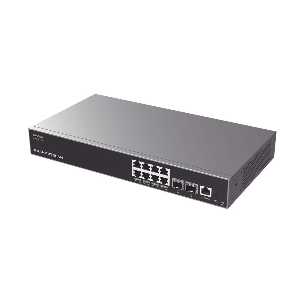 Switch Capa 3 Administrable / 8 puertos 10/100/1000 Mbps + 2 Puertos SFP+ 10 Gigabit / Compatible con GWN Cloud.