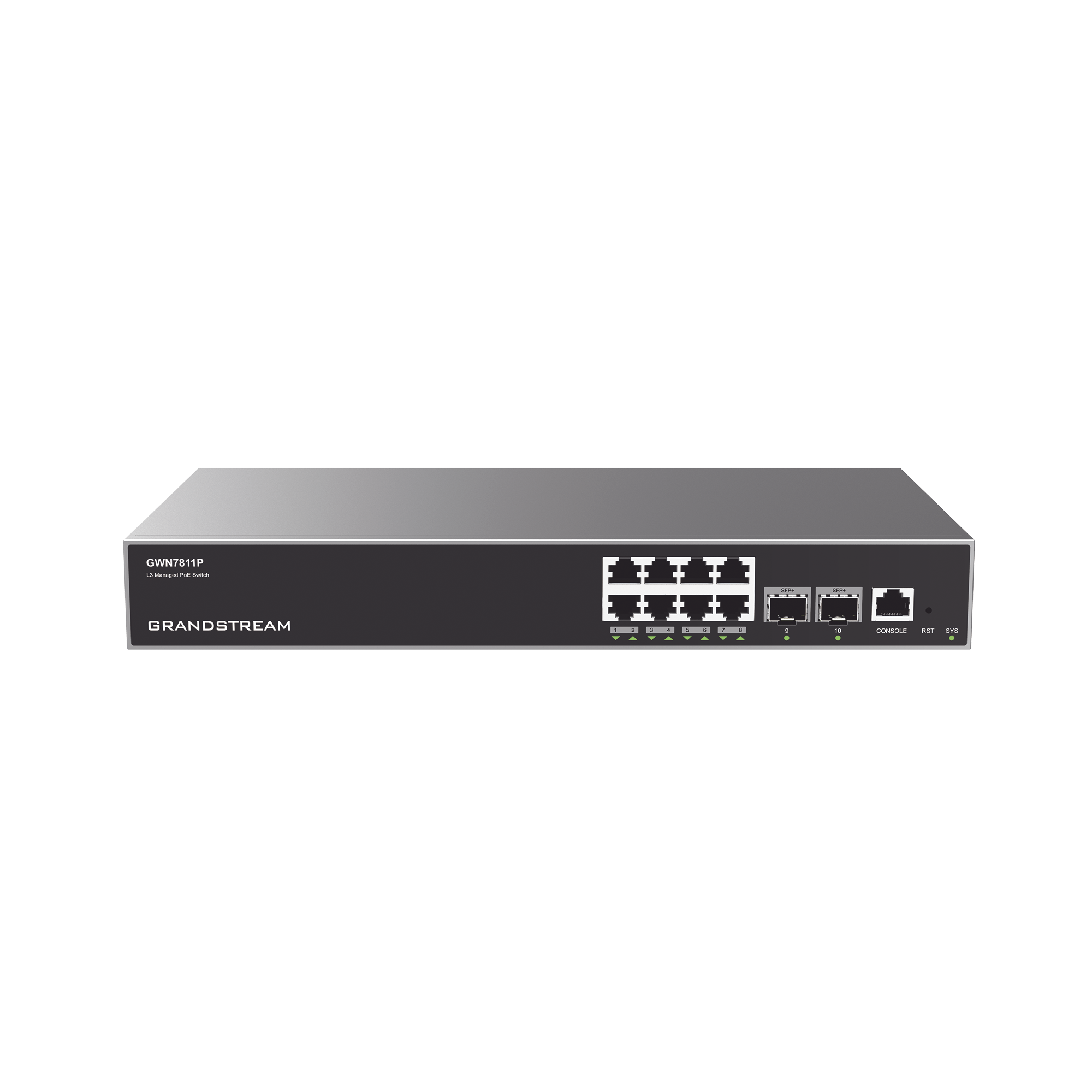 Switch Capa 3 PoE+ Administrable / 8 puertos 10/100/1000 Mbps + 2 Puertos SFP+ de 10 Gigabits / Hasta 120W / Compatible con GWN Cloud.