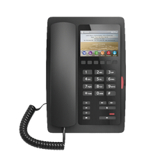 Teléfono IP Hotelero / Pantalla LCD Color 3.5" / 2 Líneas SIP / 6 Teclas Programables Hotline / Puerto USB Carga / PoE 802.3af / Personalizable con Logo Hotel